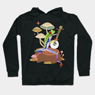 Red Eye Tree Frog Playing Banjo on Mushroom Hoodie